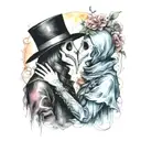 plague doctor with beautiful girl kiss each other with his hand on her neck tattoo design idea