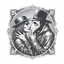 plague doctor with beautiful girl kiss each other with his hand on her neck tattoo design idea