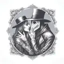 plague doctor with beautiful girl kiss each other with his hand on her neck tattoo design idea