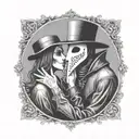 plague doctor with beautiful girl kiss each other with his hand on her neck tattoo design idea