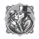 plague doctor with beautiful girl kiss each other with his hand on her neck tattoo design idea