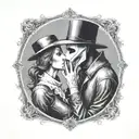 plague doctor with beautiful girl kiss each other with his hand on her neck tattoo design idea