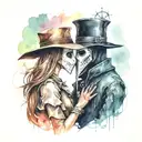 plague doctor with beautiful girl kiss each other with his hand on her neck tattoo design idea