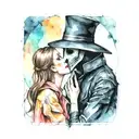 plague doctor with beautiful girl kiss each other with his hand on her neck tattoo design idea