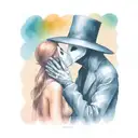 plague doctor with beautiful girl kiss each other with his hand on her neck tattoo design idea
