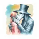 plague doctor with beautiful girl kiss each other with his hand on her neck tattoo design idea