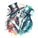 plague doctor with beautiful girl kiss each other with his hand on her neck tattoo design idea