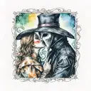 plague doctor with beautiful girl kiss each other with his hand on her neck tattoo design idea