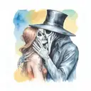 plague doctor with beautiful girl kiss each other with his hand on her neck tattoo design idea