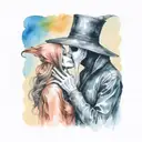 plague doctor with beautiful girl kiss each other with his hand on her neck tattoo design idea