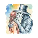 plague doctor with beautiful girl kiss each other with his hand on her neck tattoo design idea