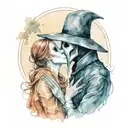 plague doctor with beautiful girl kiss each other with his hand on her neck tattoo design idea