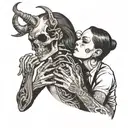 diablo skull and gentlegirl with streight hair kissing each other diablo's hand on the girl's neck tattoo design idea