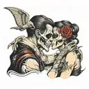 diablo skull and gentlegirl with streight hair kissing each other diablo's hand on the girl's neck tattoo design idea