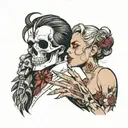 diablo skull and gentlegirl with streight hair kissing each other diablo's hand on the girl's neck tattoo design idea