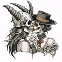 diablo skull and gentlegirl with streight hair kissing each other diablo's hand on the girl's neck tattoo design idea