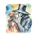plague doctor with beautiful girl kiss each other with his hand on her neck tattoo design idea