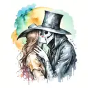 plague doctor with beautiful girl kiss each other with his hand on her neck tattoo design idea