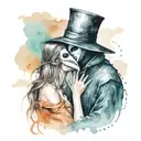 plague doctor with beautiful girl kiss each other with his hand on her neck tattoo design idea