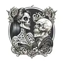 diablo skull and gentlegirl with straight hair kissing each other diablo's hand on the girl's neck tattoo design idea