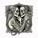 diablo skull and gentlegirl with straight hair kissing each other diablo's hand on the girl's neck tattoo design idea