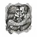 diablo skull and gentlegirl with straight hair kissing each other diablo's hand on the girl's neck tattoo design idea