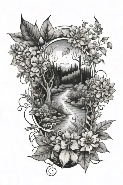 river, forest, fire, garden, dried flowers, herbs, gardens, flowers witchy vibe tattoo design idea