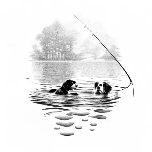A spaniel and its owner fishing together on a serene lake tattoo design idea