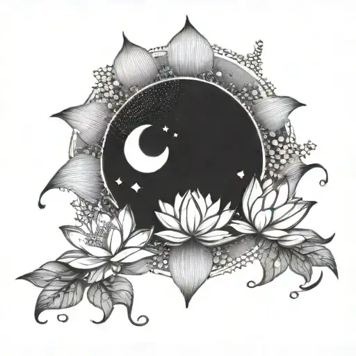 A dotwork design of a lotus flower blooming under a Scorpio moon, with each petal symbolizing one of the four elements, creating a harmonious blend of the client's favorite things tattoo design idea