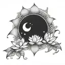 A dotwork design of a lotus flower blooming under a Scorpio moon, with each petal symbolizing one of the four elements, creating a harmonious blend of the client's favorite things tattoo design idea