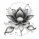 A dotwork design of a lotus flower blooming under a Scorpio moon, with each petal symbolizing one of the four elements, creating a harmonious blend of the client's favorite things tattoo design idea