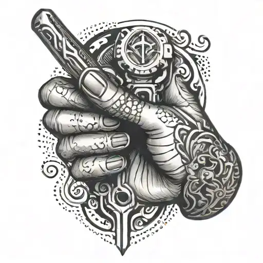 A shaka hand holding a motorcycle key with intricate linework tattoo design idea