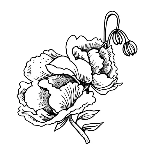 one snowdrop, one poppy, and one peony bouquet  tattoo design idea