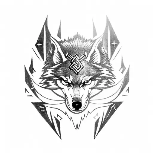 Side view of a ghost wolf and in the middle of its body a Nordic Rune of Odin printed in Red. tattoo design idea