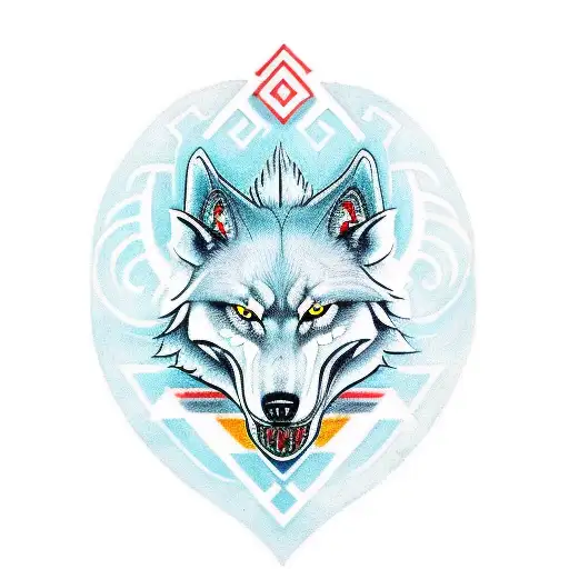 Side view of a ghost wolf and in the middle of its body a Nordic Rune of Odin printed in Red. tattoo design idea