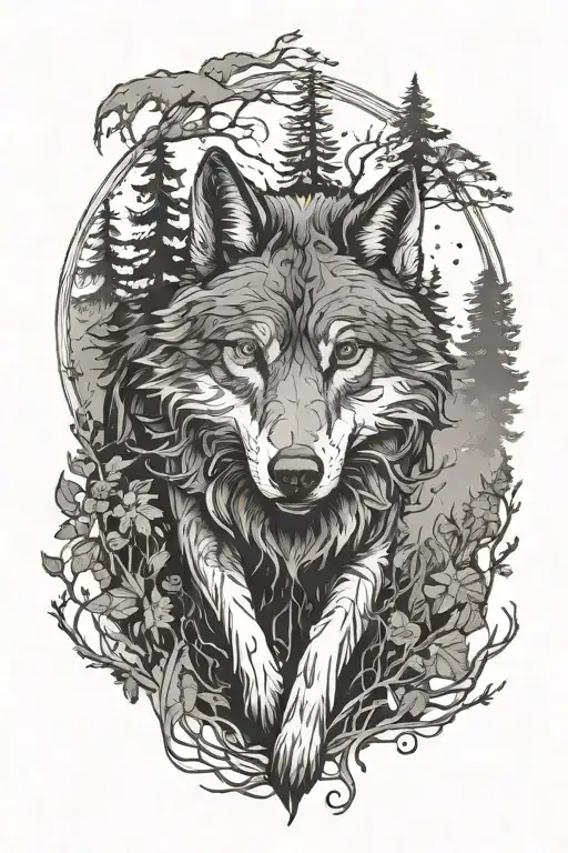 A black and grey tattoo of a majestic wolf running through a dense forest, symbolizing your love for forest walks and adventure tattoo design idea