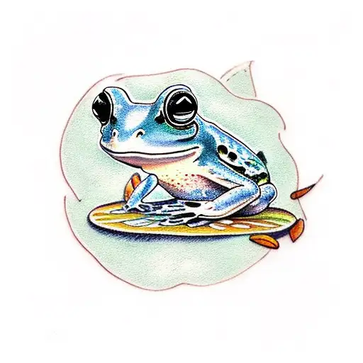 Design a serene scene featuring a sleepy frog nestled on a lily pad with a butterfly resting on its nose  tattoo design idea