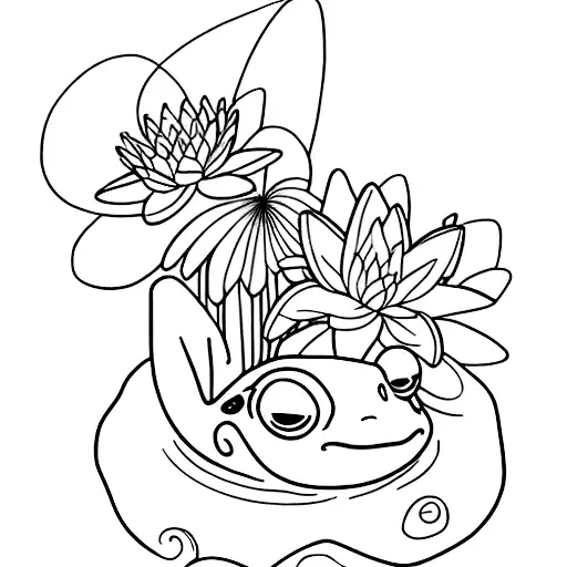 Design a serene scene featuring a sleepy frog nestled on a lily pad with a butterfly resting on its nose  tattoo design idea