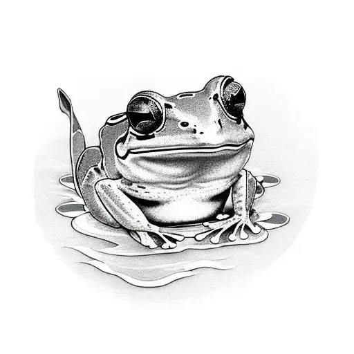 Design a serene scene featuring a sleepy frog nestled on a lily pad, with a delicate butterfly resting on its nose  tattoo design idea