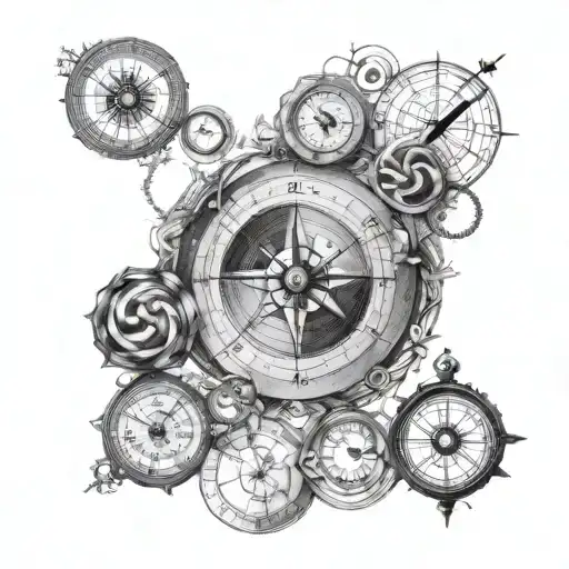 I want a timeline in the shape of infinity with a compass design, father mother brother and daughter tattoo design idea