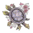 Deep purple turtle with 5 paw prints trailing it, colour order clear, pink, clear, pink, blue tattoo design idea