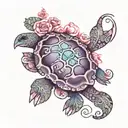 Deep purple turtle with 5 paw prints trailing it, colour order clear, pink, clear, pink, blue tattoo design idea