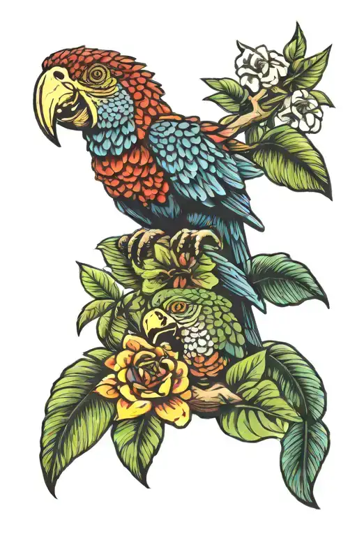 jurassic park, tropical, tiki, parrots tattoo design idea