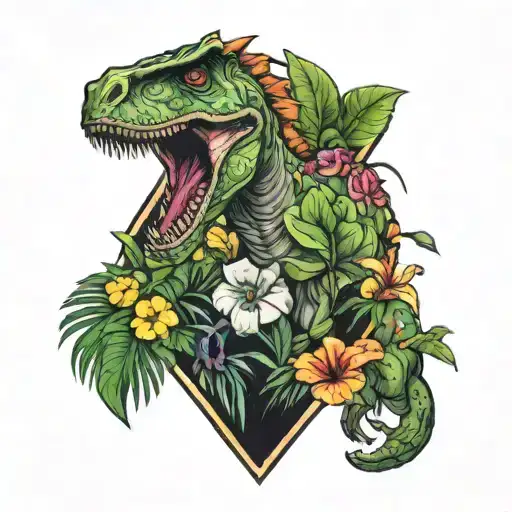 Jurassic park, tropical flowers tattoo design idea