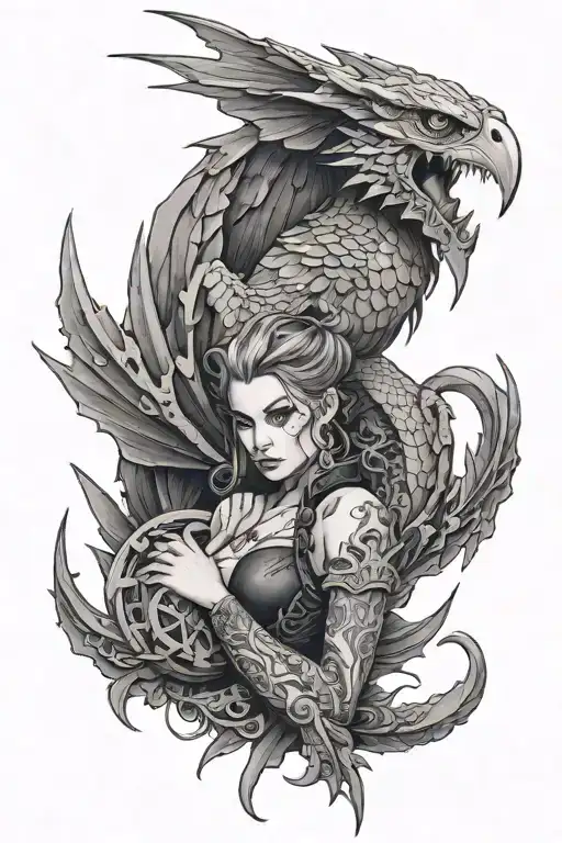 Manon blackbeak and her wyvern surrounding her tattoo design idea