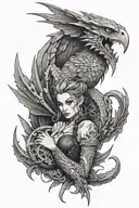 Manon blackbeak and her wyvern surrounding her tattoo design idea