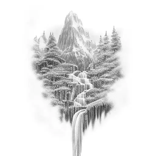 A majestic waterfall cascading into a serene lake with colorful flowers blooming nearby tattoo design idea