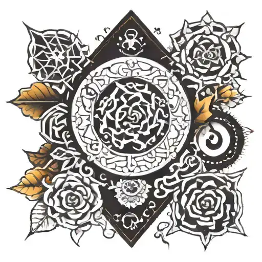 traditional black work patch work sleeve tattoo design idea