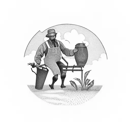 A blackwork tattoo depicting a farmer tending to their crops tattoo design idea