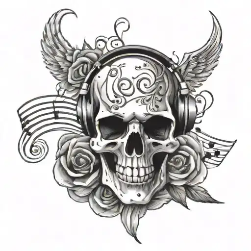 music, skull, dark tattoo design idea
